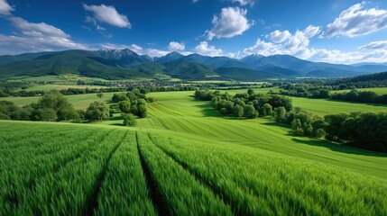 Panoramic view of green agricultural valley with mountains in the background and dynamic crop lines in foreground perfect for eco farming visuals, nature backgrounds and travel concepts