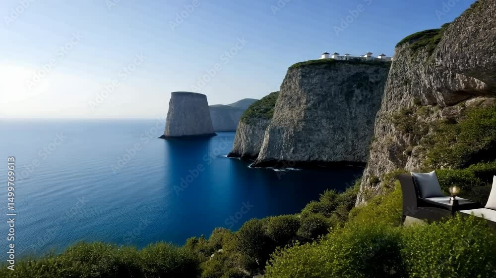 Poster relaxing on a minimalist terrace while enjoying breathtaking views of the caldera and aegean sea in 
