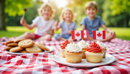 Cupcakes and cookies with Canadian flags at picnic