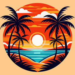 Tropical Sunset Beach Scene: Palm Trees, Ocean, and Sun