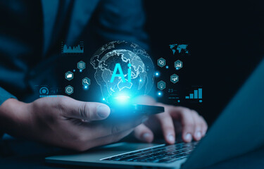 Businessman using technology connecting to the internet around the world, chatting, chatting with...