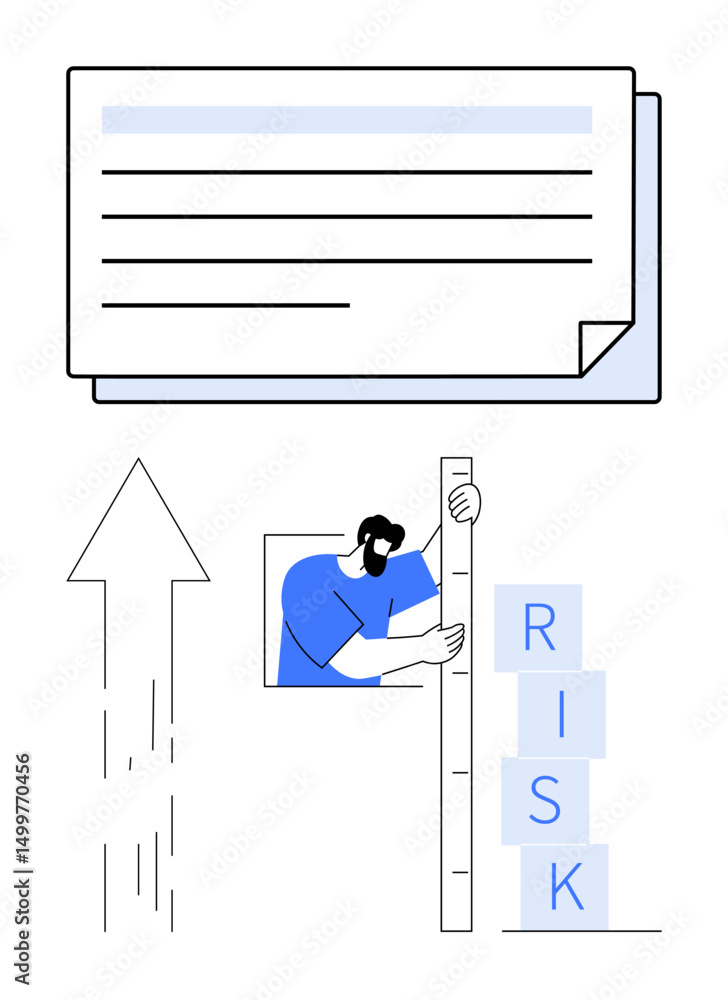 Poster paper stack, upward arrow symbolizing growth, man measuring stacked blocks labeled risk. ideal for r