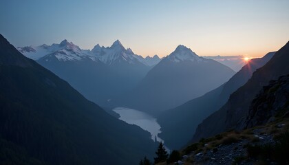 Mountain Valley Lake View at Sunset with Snow Capped Peaks