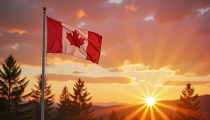 Canadian flag waving at forest sunset
