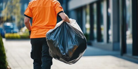 Person in orange uniform carrying large black garbage bag