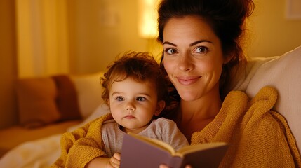 Mother reads a book to her child while sitting comfortably under a yellow blanket.