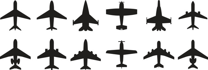 Airplane icon set. Aircraft, plane, flight, airline, aeroplane symbol, military fighter jet collection in flat style.