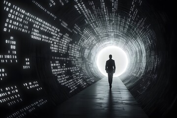 Confident businessman walks through a futuristic digital data tunnel towards bright light, embracing technological advancement and future opportunities.