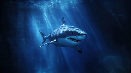 Fototapeta premium Great white shark swimming in ocean depths