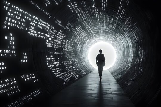 Confident businessman walks through a futuristic digital data tunnel towards bright light, embracing technological advancement and future opportunities.
