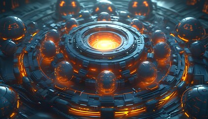 A massive glowing core deep inside a digital fortress surrounded by layers of security spheres and rotating rings with encrypted locks