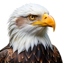 Obraz premium Bold eagle showing detailed feathers, yellow eye, and curved beak. Contrasting white head and brown body, perfect for patriotic art, wildlife prints, posters, mascots, branding, or logos.