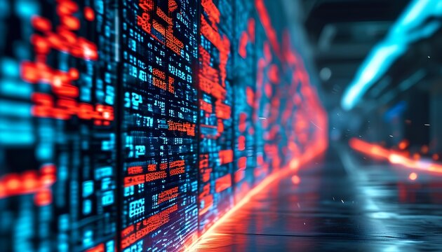 A glowing digital wall made of shifting code and data streams blocking incoming red data attacks Blue shields pulse with energy as firewalls activate