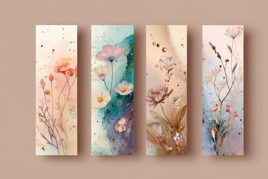 Four vertical bookmarks with delicate floral watercolor designs are displayed side by side against a soft beige background. Each bookmark features different pastel-colored flowers.