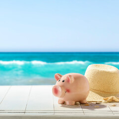Holiday Budget Concept – Piggy Bank on Beachfront Deck. Copy space and vacation savings, holiday planning, summer finances, or personal budgeting for travel. 