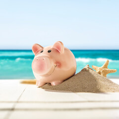 Holiday Budget Concept – Piggy Bank on Beachfront Deck. Copy space and vacation savings, holiday planning, summer finances, or personal budgeting for travel. 