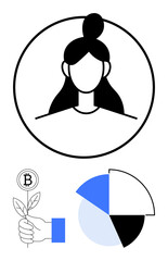 Female profile outline in a circle, hand holding plant with Bitcoin logo, and pie chart. Ideal for identity, online economy, cryptocurrency, data analysis, eco-friendly tech, growth investment