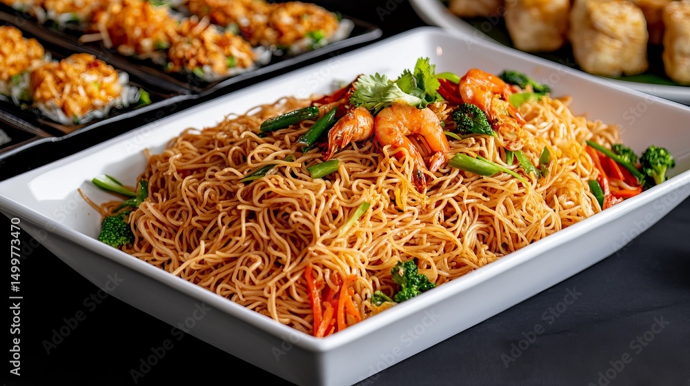 Poster noodles are displayed with shrimp and vegetables in a white rectangular dish on a dark surface.