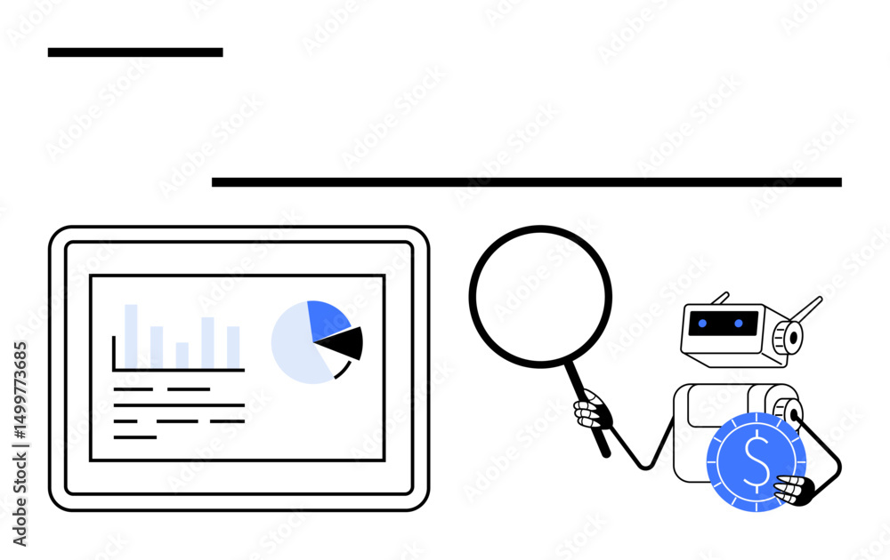 Poster robot examines financial metrics on tablet using magnifying glass and holds a coin. ideal for ai, fi