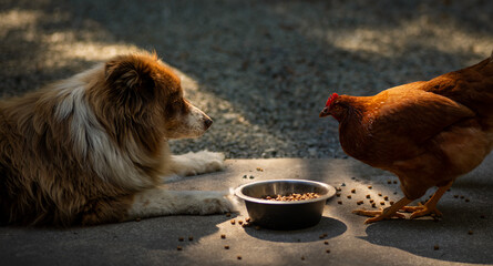 A curious Border Collie and a bold chicken lock eyes in a quiet, comical standoff. Animal interaction captures the intelligence, caution, and personality of both farmyard friends.