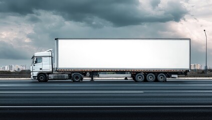 White semi-truck with blank advertisement space on highway under cloudy sky