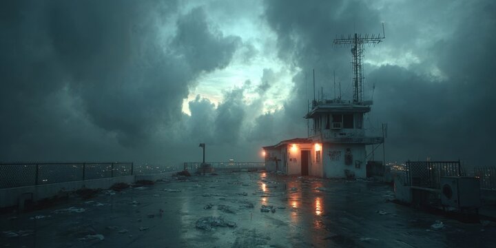 Stormy Rooftop with Lightning Rod Offering Safety During Wet Weather