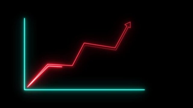 Neon Business graph chart with upward trend arrow red color animation on royal blue grid line background.	

