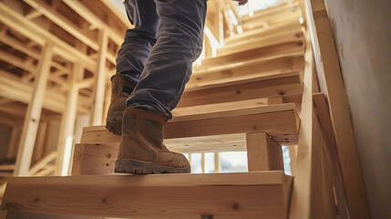 Construction Worker Ascending Wooden Stairs