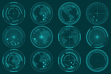 Global Targeting HUD: A collection of twelve unique, teal-hued heads-up display (HUD) elements, each featuring a stylized world map at its center, ideal for projects requiring a futuristic.