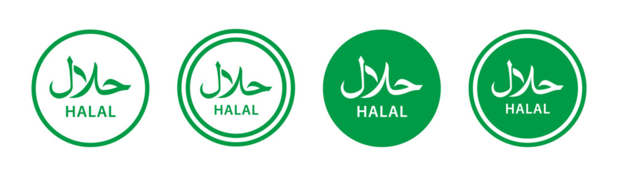 Halal logo symbol certified icon set. Halal food product label. Halal islamic food certification vector and png