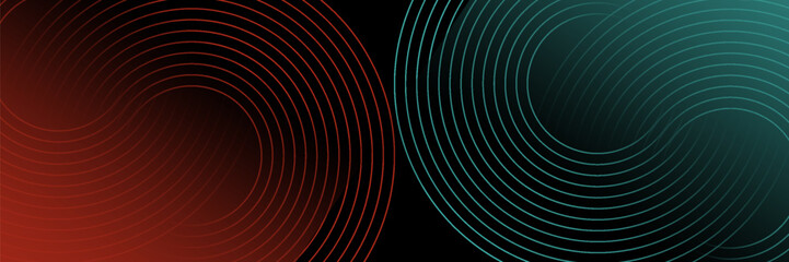 Abstract futuristic technology lines background with red and green light effect. Gradient circle lines pattern. Glowing neon geometric lines. Modern dark banner template design. Vector illustration
