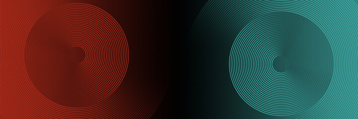 Abstract futuristic technology lines background with red and green light effect. Gradient circle lines pattern. Glowing neon geometric lines. Modern dark banner template design. Vector illustration