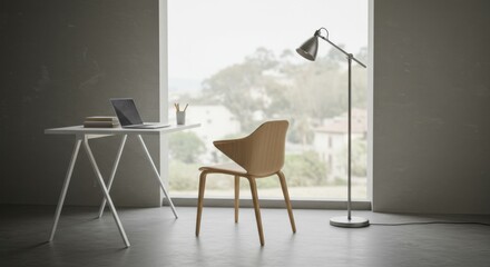 Serene Workspace Corner with Minimalist Desk and Lamp