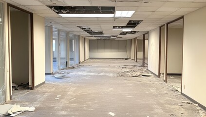 Empty office space undergoing demolition.  Damaged ceiling, missing flooring, and scattered debris