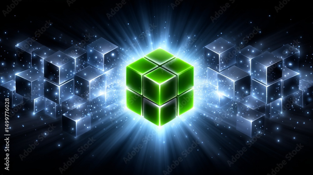 Poster green cube data structure - a vibrant green cube radiates light, standing out amidst a field of dark