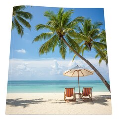 Two beach chairs and umbrella on a tropical beach with palm trees