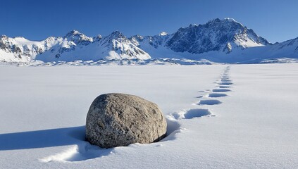 Snowy Landscape with Footprints, and Rock.