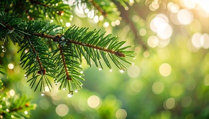 Fresh pine branch dew drops sunlight nature