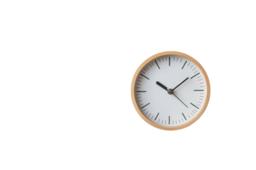 A minimalist wooden clock marking the passage of time against a stark black background on transparent background