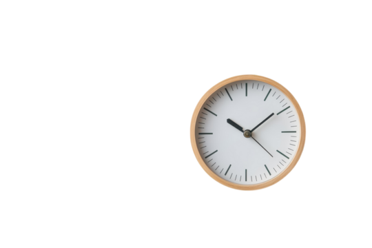A minimalist wooden clock marking the passage of time against a stark black background on transparent background
