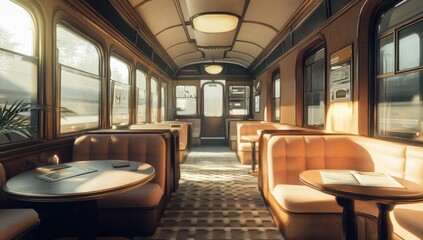 Sun-drenched interior of a vintage train car cafe