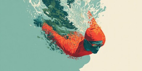Abstract illustration of a swimmer underwater in bright colors