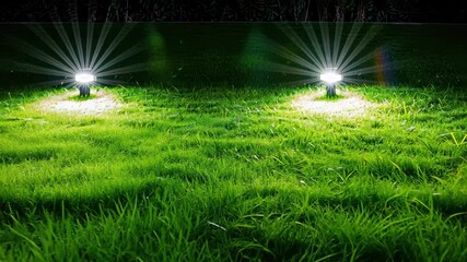 Colorful lights shine on green grass, creating a warm atmosphere perfect for evening events and garden parties