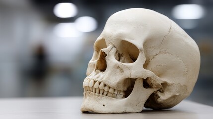 Obraz premium Human Skull Profile Anatomical Study - Mortality, anatomy, science, medicine, human form. A detailed study of the human skull's structure and form