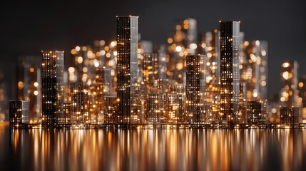 Illuminated Cityscape at Night - Stunning nighttime view of a modern city skyline, glittering with lights reflected in still water