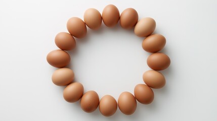 Obraz premium Fresh brown eggs in a circular pattern on white, symbolizing simplicity and natural harmony.