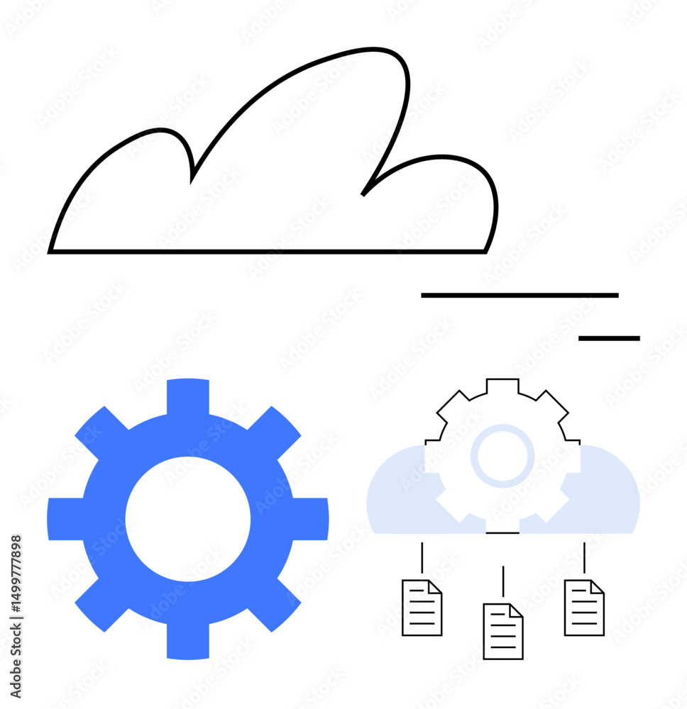 Poster cloud, gear, and file icons connected by lines, representing cloud computing, integration, data flow