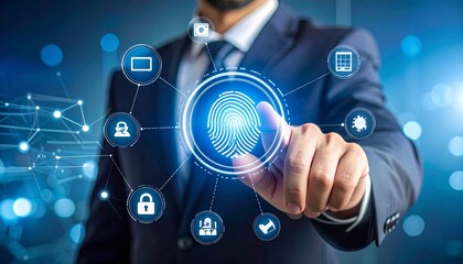 Businessman using biometric fingerprint security technology