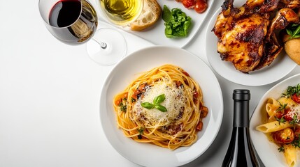 Pasta dish topped with parmesan cheese and basil leaf is presented on a white table with wine and other Italian food.