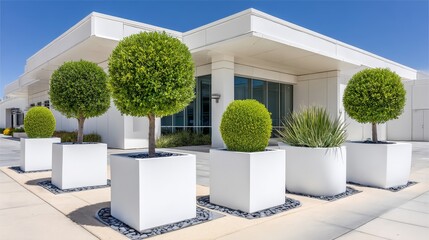 Fototapeta premium Modern Urban Rooftop Garden Design - Architectural landscaping, contemporary design, geometric planters, lush greenery, peaceful oasis